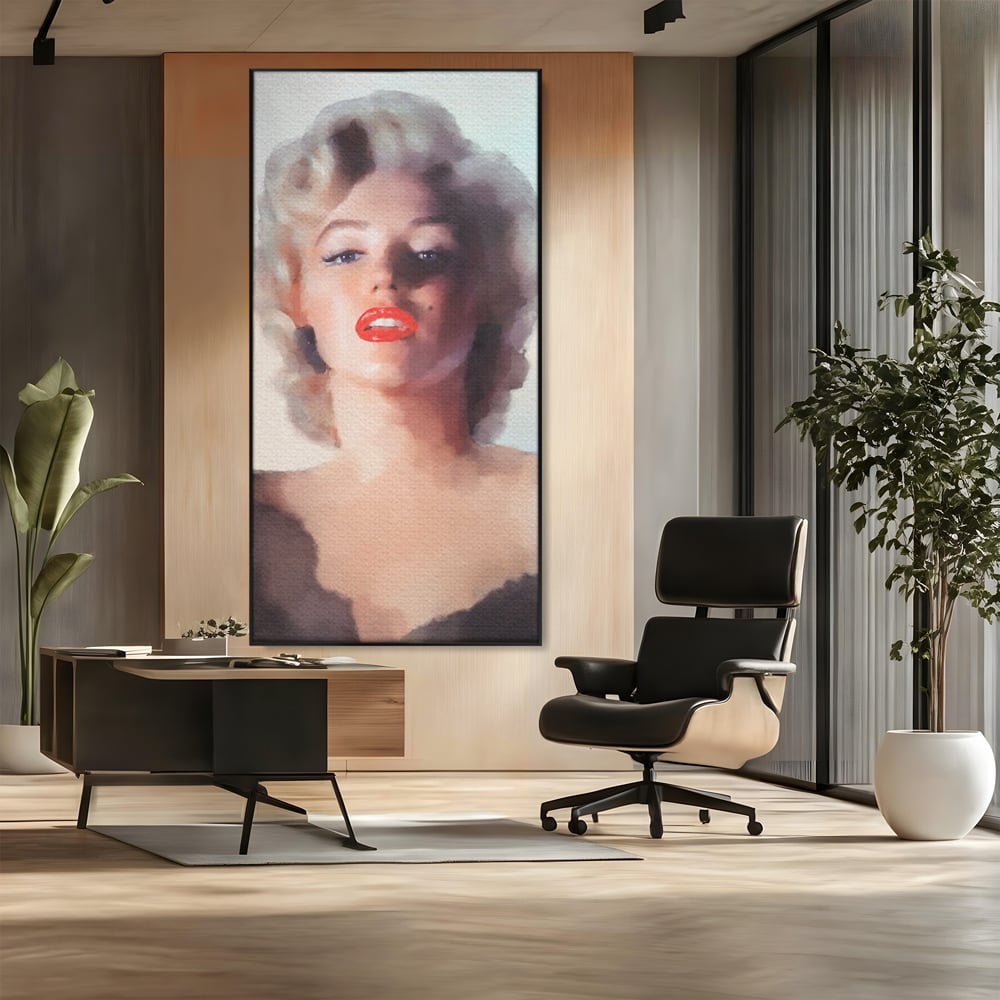 Tablou canvas cu tablou canvas cu marilyn monroe, in rama de aluminiu negru, pe perete intr-un birou